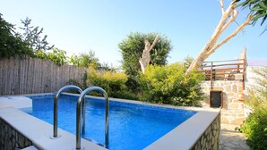 Ein rechteckiger Pool mit Metallleitern, umgeben von Steinmauern und Grünpflanzen.