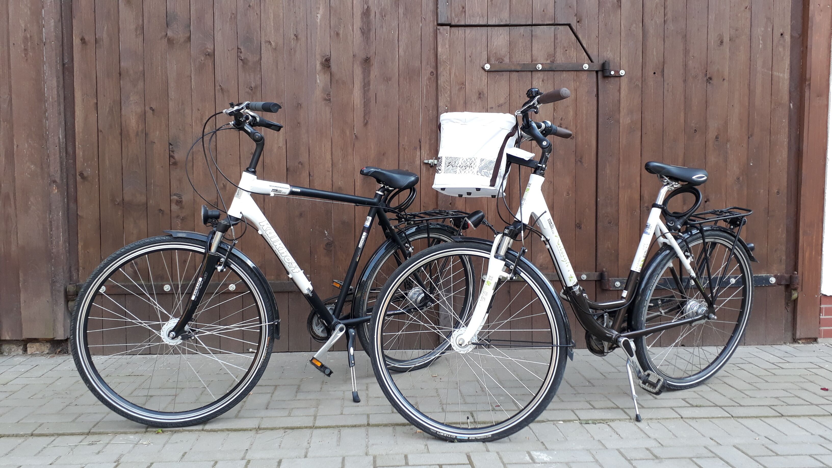 Three bicycles parked against a wooden wall.