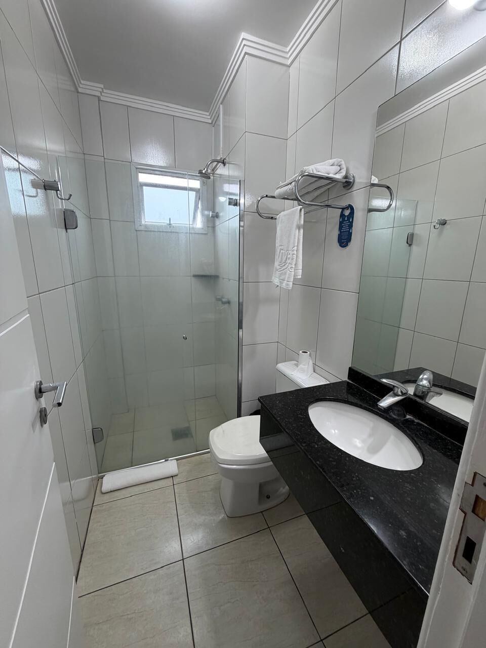 A bathroom with a glass shower enclosure, a white toilet, a black countertop sink, and a mirror.