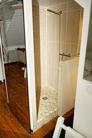 Regadera, secadora de cabello, toallas, jabón 