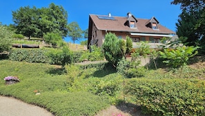 A house with a sloped roof, solar panels, and a garden with various plants and a small tree.