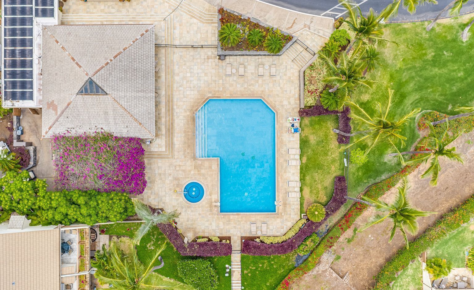 An aerial view of a hotel with a swimming pool, surrounded by lush greenery and palm trees.