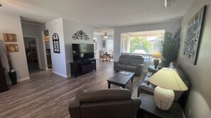 Smart TV, DVD player, books, computer monitors