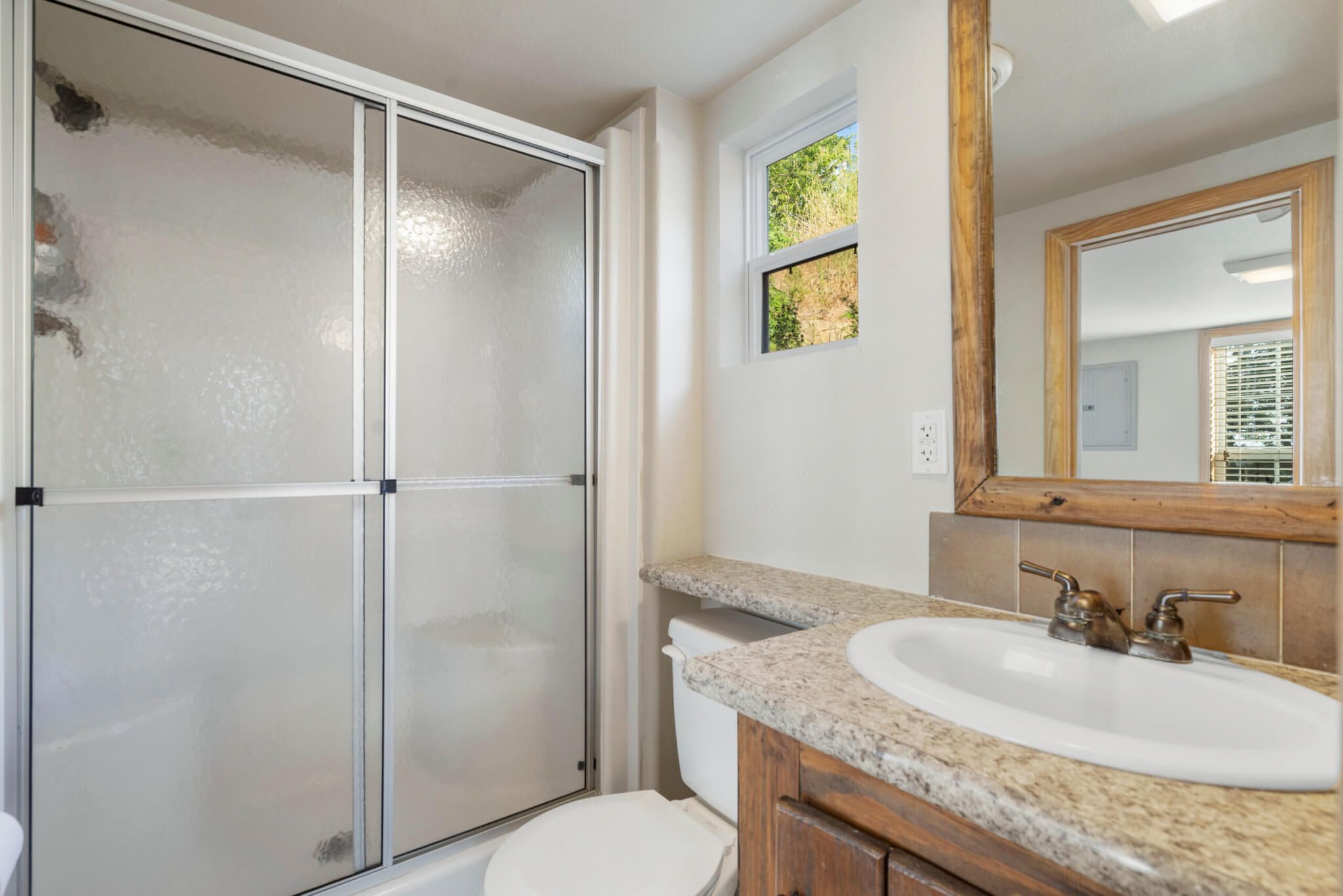 A bathroom with a glass shower enclosure, a white toilet, a granite countertop sink, and a wooden vanity.