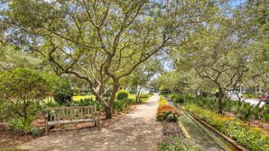 A pathway lined with trees and benches in a park setting. - Gulf Views!/corner unit/deeded beach access/pickleball courts (Santa Rosa Beach)
