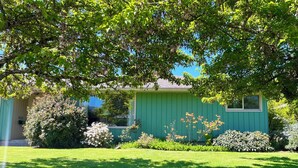 Una casa con fachada verde, césped cuidado y diversas arbustos y plantas con flores.