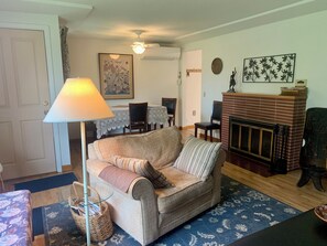 TV connectée, cheminée, livres