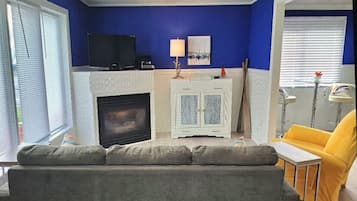 Smart TV, chimenea, reproductor de DVD y biblioteca musical
