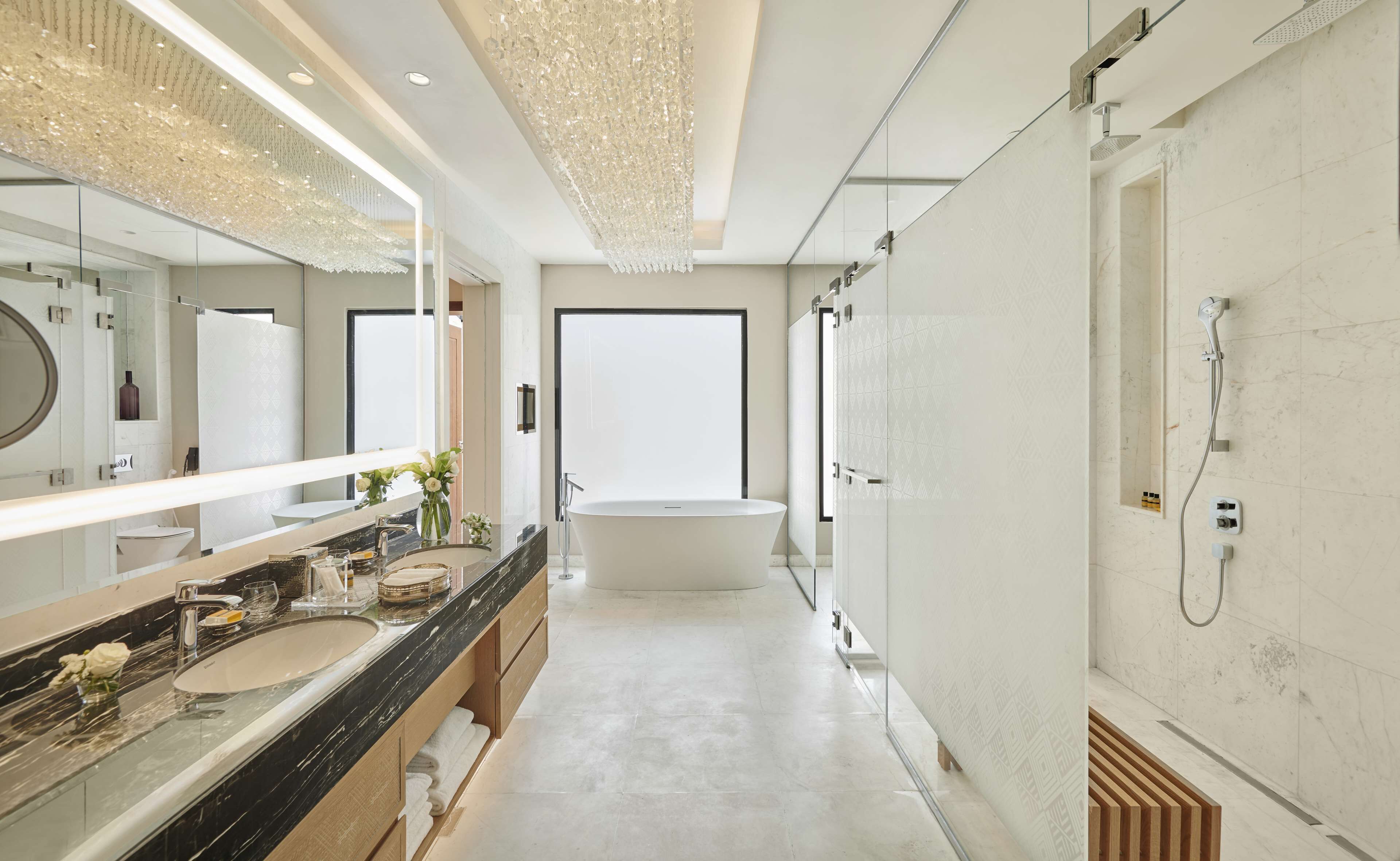 rainfall showerhead, free toiletries, hair dryer, bathrobes