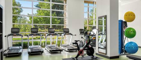 A gym with treadmills, exercise bikes, and free weights.