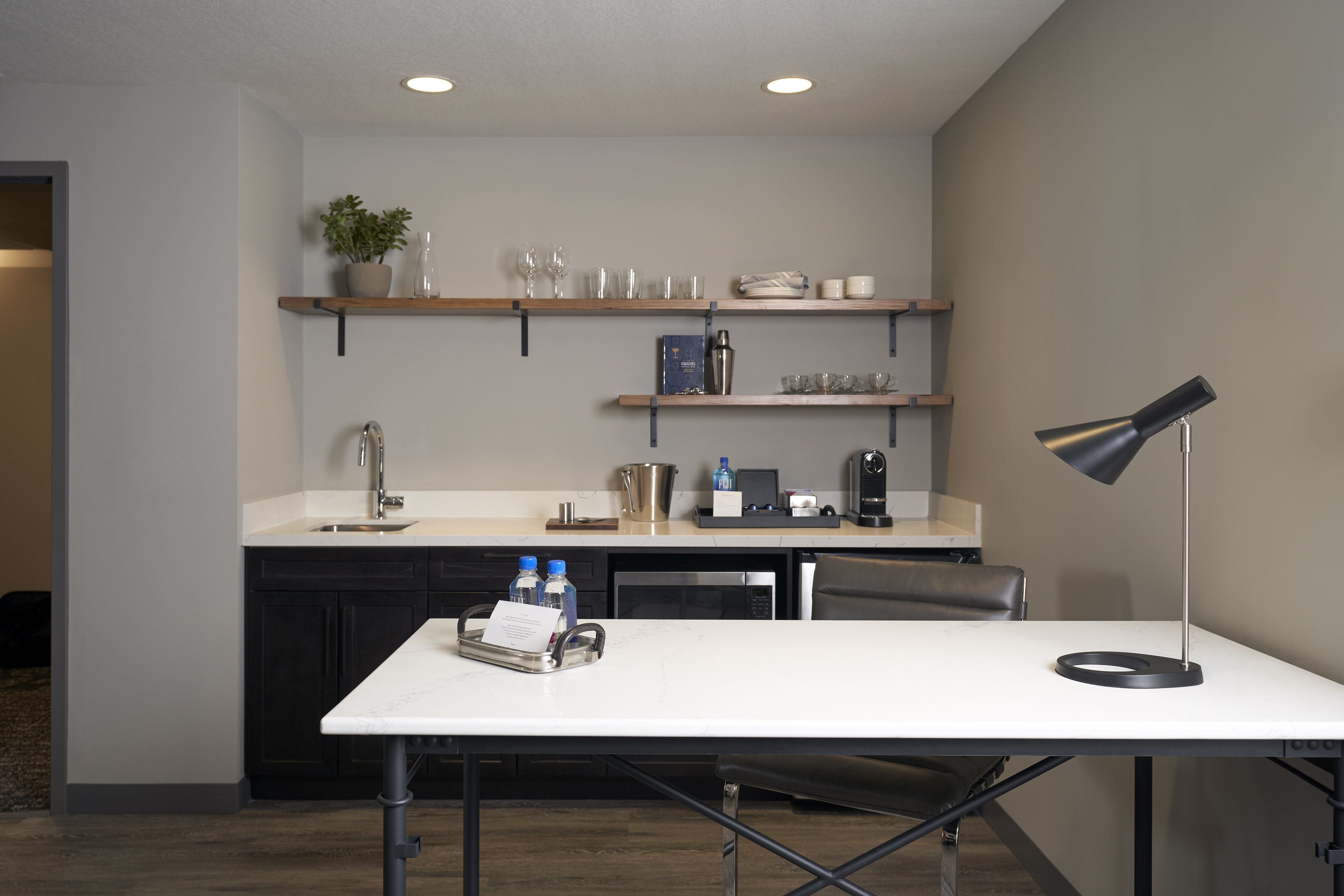 mini-fridge, microwave, espresso maker, paper towels