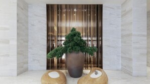 Een moderne lobby met een grote potplant, twee houten krukken en een glazen scheidingswand met verticale lijnen.