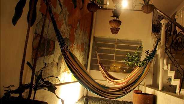 Una hamaca en una habitación con pared rústica, una ventana y plantas en macetas.