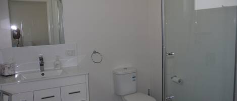 A modern bathroom with a white vanity, a toilet, and a glass shower enclosure.