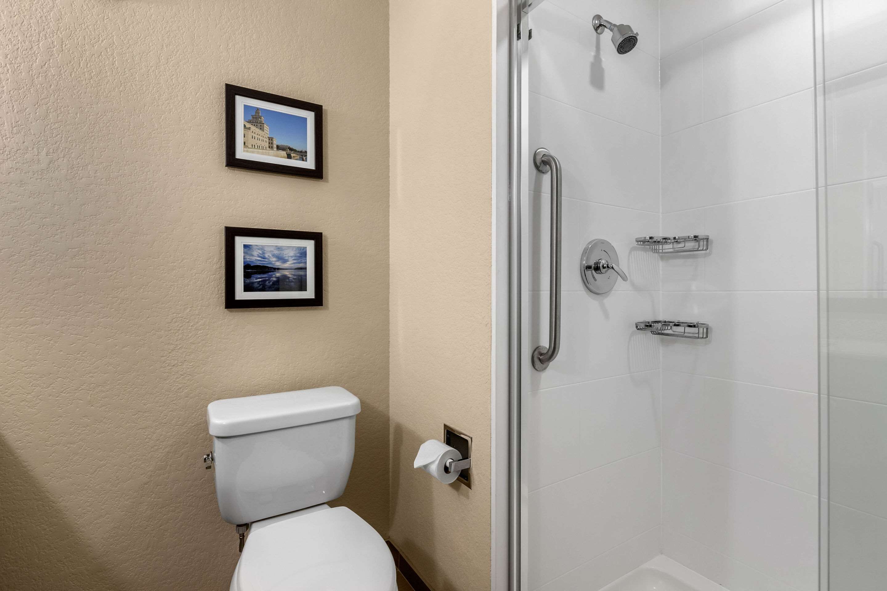 Une salle de bain comprenant des toilettes, une douche à parois de verre et deux tableaux encadrés accrochés au mur.
