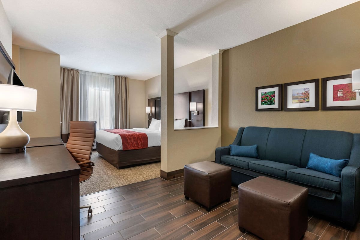 Una habitación de hotel con una cama, un sofá, un escritorio y una silla.