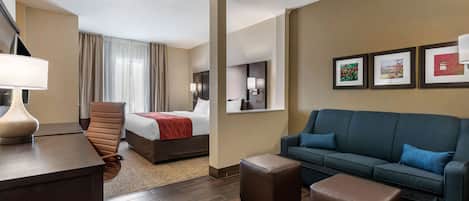 Una habitación de hotel con una cama, un sofá, un escritorio y una silla.