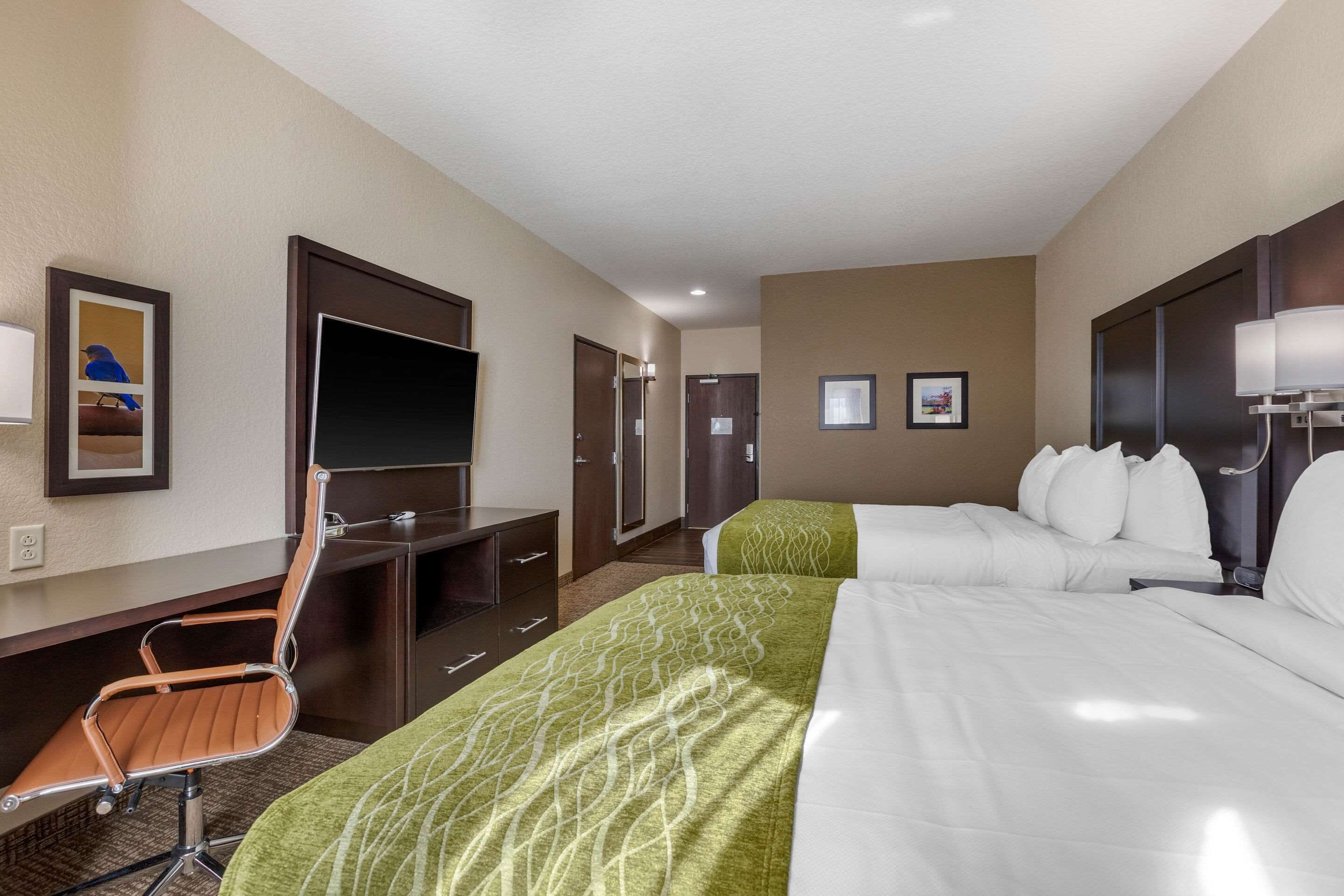 A hotel room with a bed, a desk, a chair, a TV, and a door.