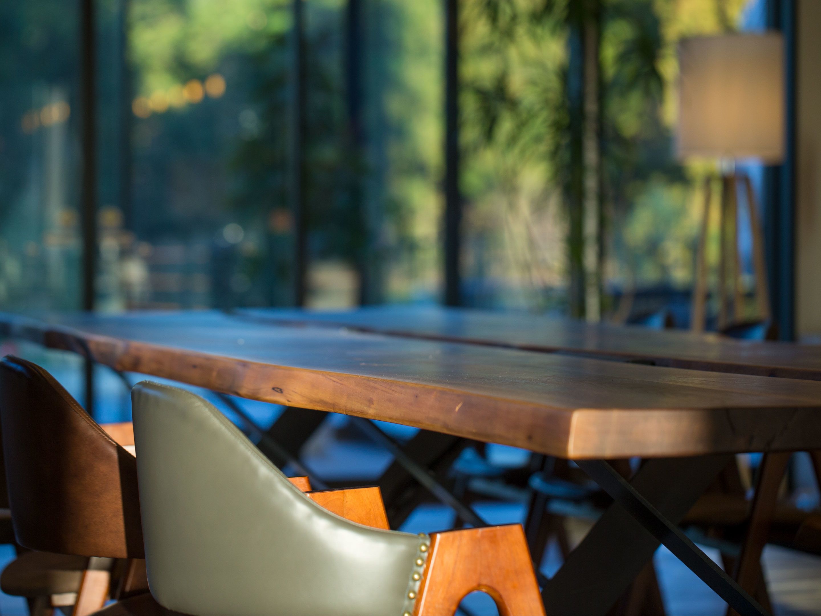A wooden table with chairs, a lamp, and a view of trees through large windows.