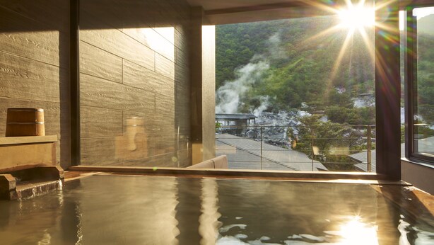 A hot spring bath with a view of a forested hillside and traditional buildings.