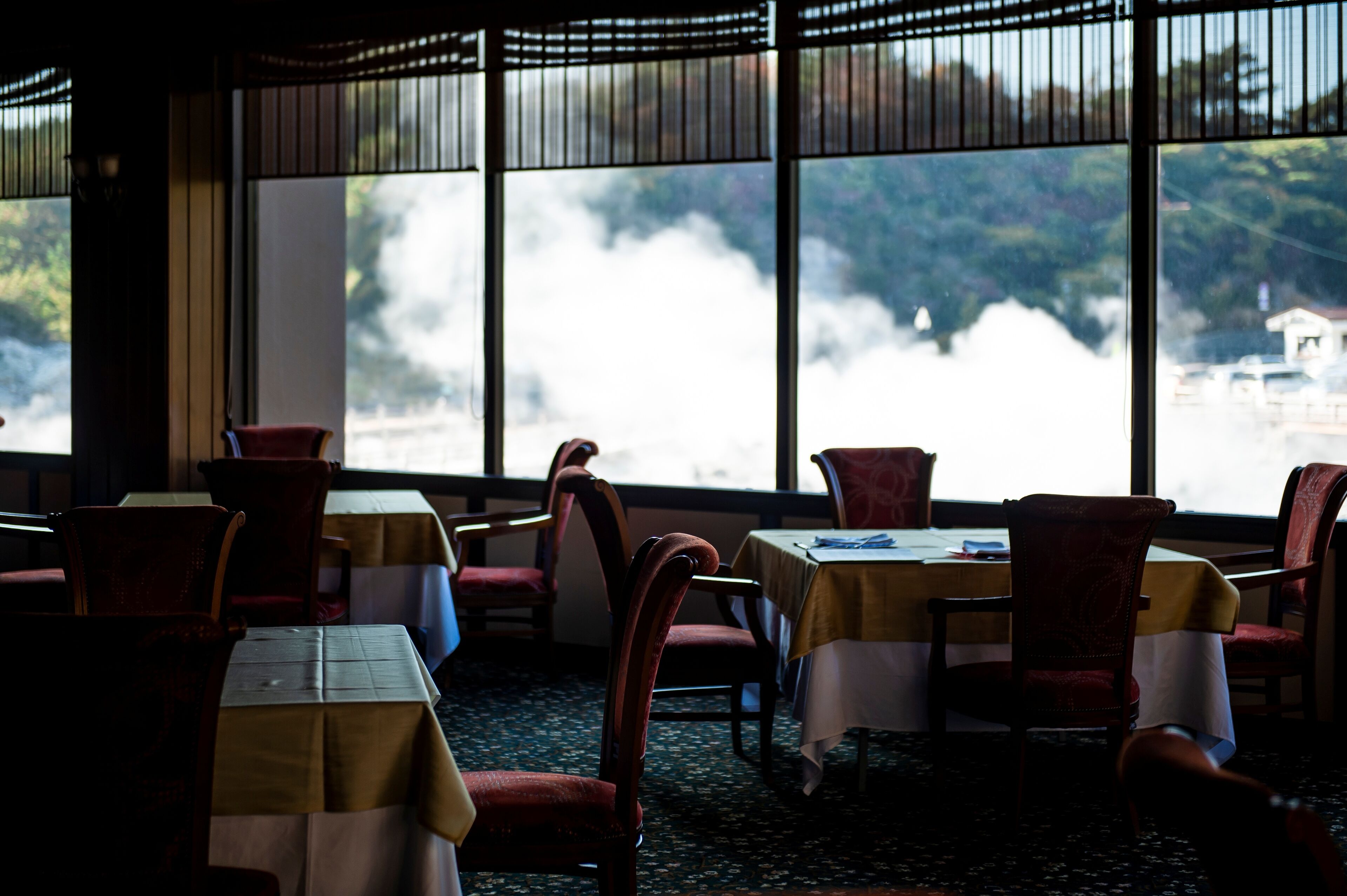 A restaurant with tables and chairs, large windows with a view of a mountainous landscape.