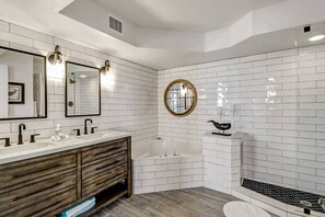 Shower, jetted tub, hair dryer, towels