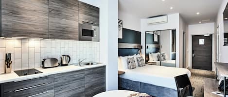 Fridge, microwave, electric kettle, high chair