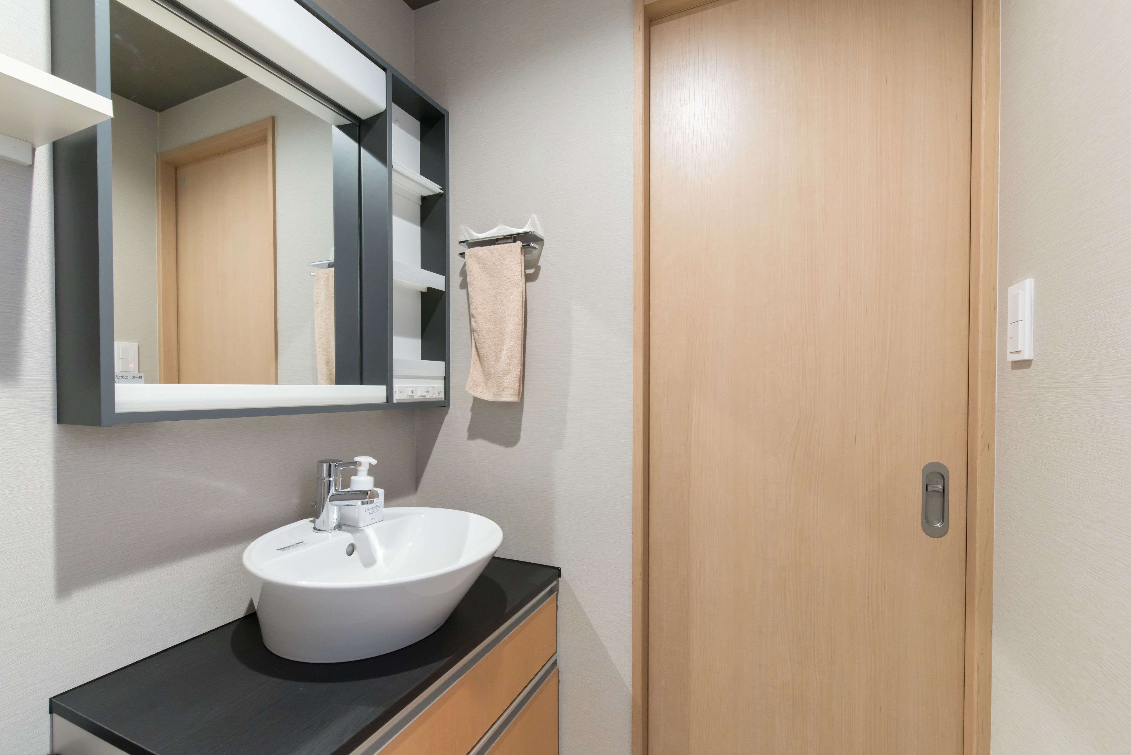 A modern bathroom with a white sink, a mirror, and a wooden door.
