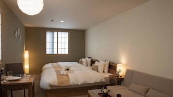 Desk, laptop workspace, free WiFi, bed sheets