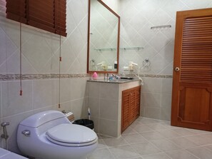 Combined shower/bathtub, hair dryer, bidet, towels