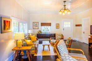 TV, fireplace, books