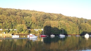 A calm lake with several boats docked along the shore, surrounded by dense forest.