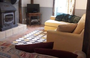 Télévision, cheminée, lecteur de DVD, livres