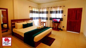 Une chambre d’hôtel avec un lit, une télévision et une porte en bois.