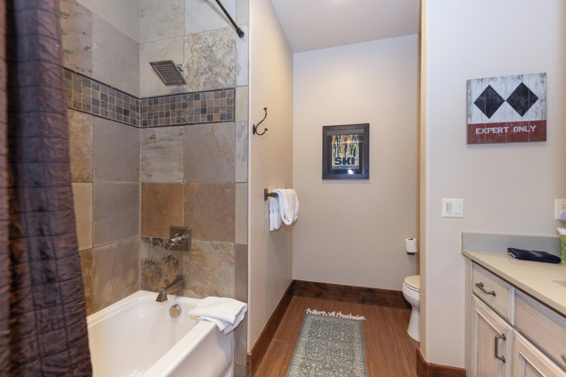 A bathroom with a bathtub, shower, toilet, and a framed picture on the wall.