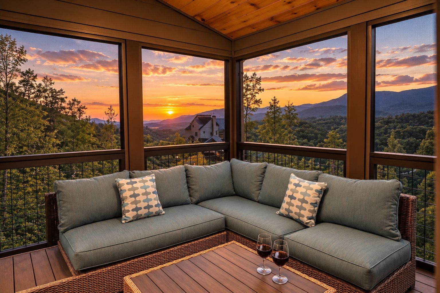 A covered outdoor seating area with a view of a sunset over a mountainous landscape.