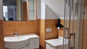 Shower, hair dryer, bidet, towels