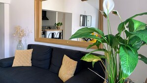 A living room with a black sofa, two patterned cushions, a large mirror, and a potted plant. - Les Toits de Sainte-Ursule (Montpellier)