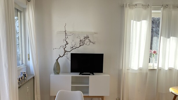Un salon moderne avec une table de salle à manger ronde, des chaises blanches, un téléviseur à écran plat posé sur un meuble blanc et une branche décorative accrochée au mur.