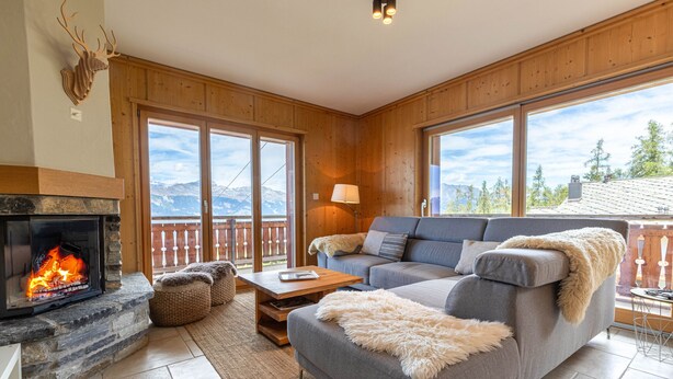 Ein gemütliches Wohnzimmer mit Kamin, einem grauen Sofa, einem Holztisch und Bergblick durch große Fenster.