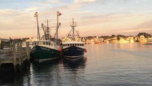 Two boats docked at a pier with a calm water body and a distant shoreline with buildings.