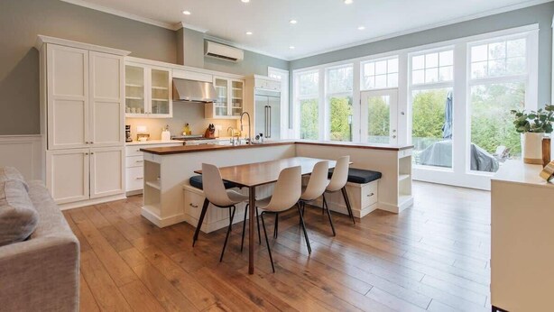 A modern kitchen with a central island, white cabinetry, and large windows.