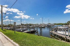 A marina with multiple docks and boats.