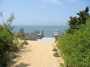 A sandy beach path leading to a wooden pier with two benches, surrounded by greenery.