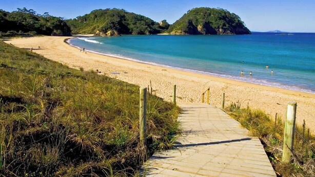 Une plage avec une promenade en bois menant à l’eau, entourée de verdure et de collines.