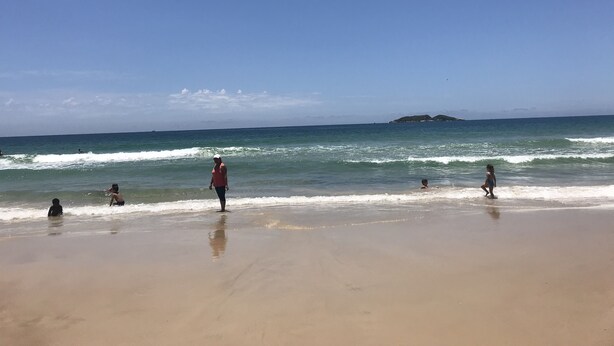 Ein Strand mit blauem Himmel, ruhiger Brandung und einer fernen Insel.