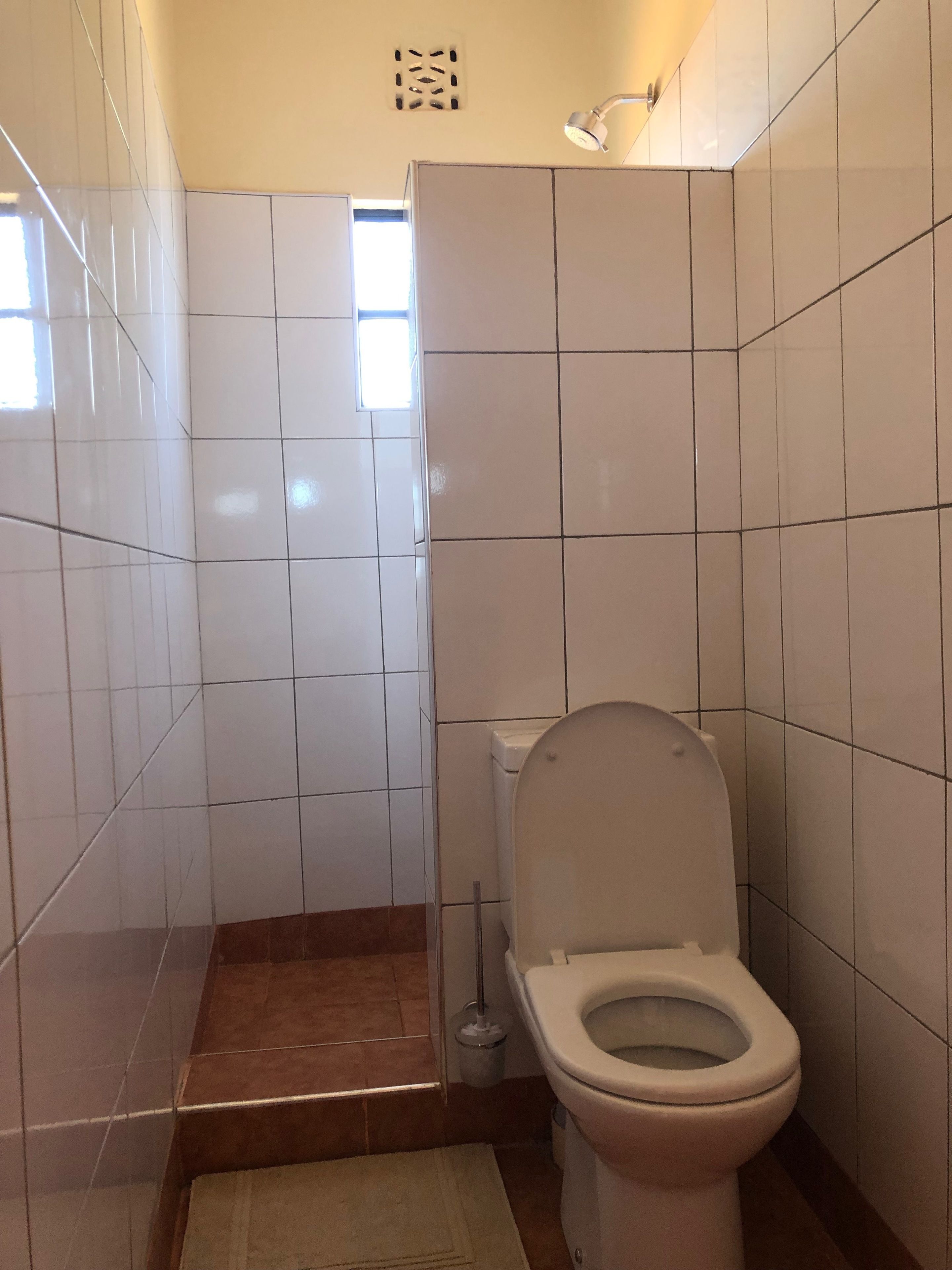 A small, tiled bathroom with a toilet, a shower area, and a window providing natural light.