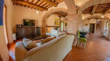 Smart TV, caminetto, lettore DVD, libri