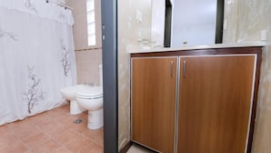 A bathroom with a toilet, bidet, and wooden cabinets. - Fragueiro Flat BU6 (Córdoba)