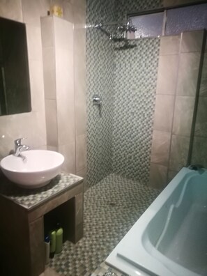 Bathroom features a sink, shower, and bathtub.